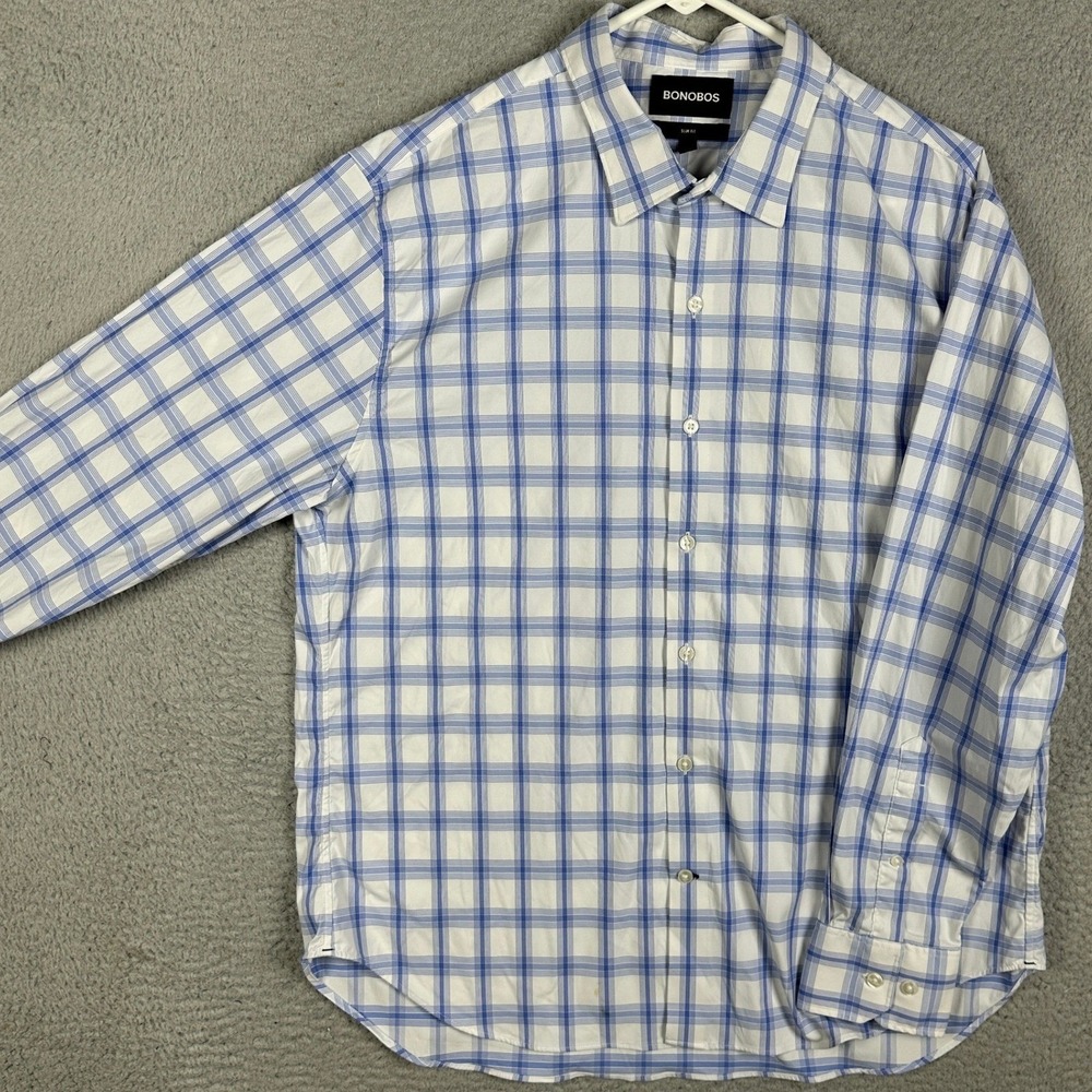 Bonobos Shirt Mens XL Short Blue White Slim Fit Button Up Plaid Stretch Outdoor